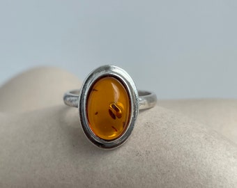 Vintage Danish Silver & Oval Amber Ring Size 7 1/4 US | 55