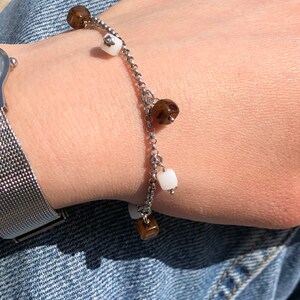 Vintage silver and Brown White Glass Bead bracelet