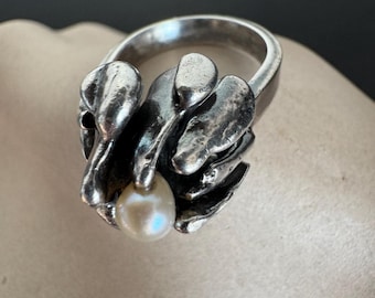 Bague d'orfèvre danoise en argent sterling et perles véritables Taille 51 | 6 États-Unis