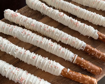 Dozen (12) Chocolate Pretzel Rods - White with White Drizzles - Birthday Party Favors- Party Favors- Baby Shower Favors- Anniversary Favors