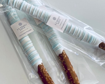 Dozen (12) Chocolate Pretzel Rods - White with Blue Drizzles - Birthday Party Favors- Party Favors- Baby Shower Favors- Anniversary Favors