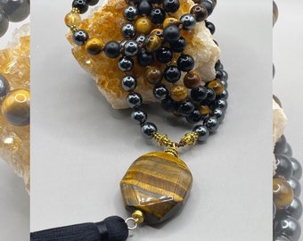 108 Bead Tiger’s Eye, Onyx and Hematite Mala | Personal Power Mala | Root & Sacral Chakra Mala | Meditation Mala | Tassel Necklace