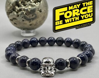 Star Wars Bracelet | Blue Goldstone Beaded Bracelet | Choose Your Charm | Darth Vader Bracelet | Stormtrooper Bracelet | 8mm Gemstones