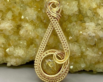 Hand Wrapped Golden Rutilated Quartz Pendant | Copper Wire Pendant | 10mm Bead | Wire Weave Pendant | OOAK | With or Without Necklace