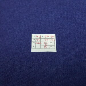 May include: A close-up shot of a dark blue fabric. A small white tag with handwritten red text is in the lower right corner. The tag has a grid of boxes with letters and numbers.