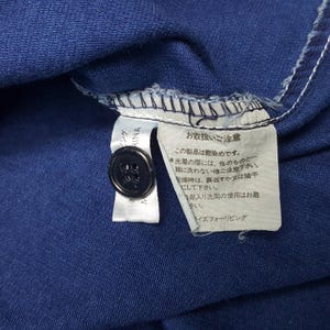 May include: Close-up of a navy blue garment with a black button and a white tag. The tag has Japanese text and care instructions. The garment is made in China.