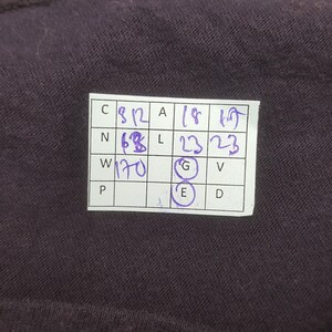 K&ouml;nnte beinhalten: Nahaufnahme eines dunkelvioletten Stoffes. Ein wei&szlig;es Etikett mit handgeschriebenen Zahlen und Buchstaben ist am Stoff befestigt. Das Etikett enth&auml;lt die Zahlen 812, 68, 170, 18, 19, 23, 23 und die Buchstaben C, N, W, A, L, G, E, V und D.