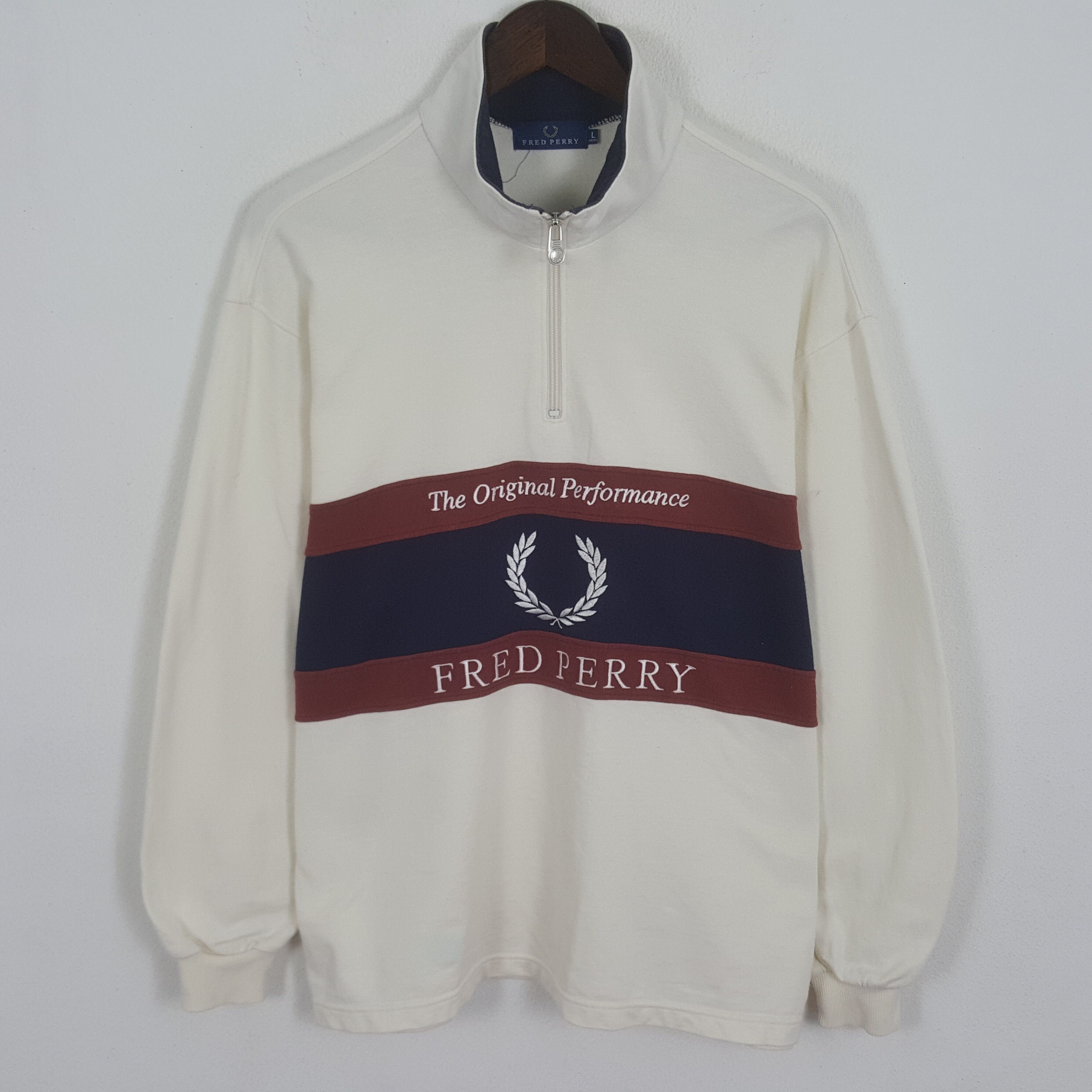 【FRED PERRY】 Striped Trim Sweatshirt  R5523 Fred Perry 1/4 Zip Striped Sweatshirt - Blue/White - L