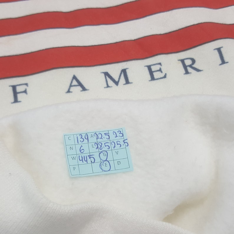 May include: White sweatshirt with a red and white flag design. The word "AMERI" is printed in dark blue letters. A small blue tag with numbers and letters is attached to the sweatshirt.