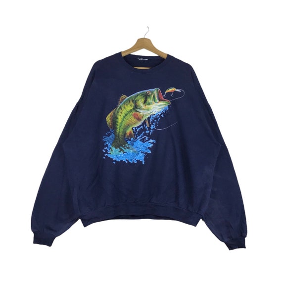 Vintage Fishing Graphic Fish Pullover Jumper Sweatshirt 