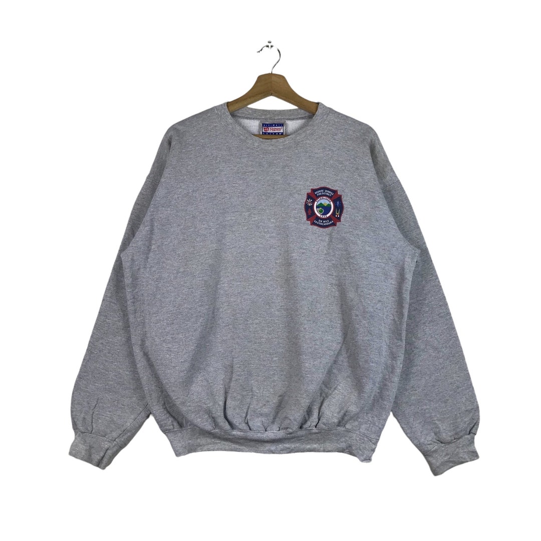 Vintage Hanes Ultimate Cotton Print Pro Fire & Rescue Pullover Jumper  Sweatshirt 