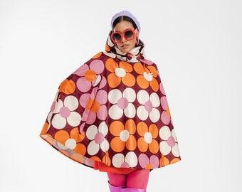 Rain poncho, Raincoat, Flower Power Orange. Waterproof jacket, Unisex Poncho, Bicycle Cape, Rain Cape, Fashion Clothing Print, Pluvo.
