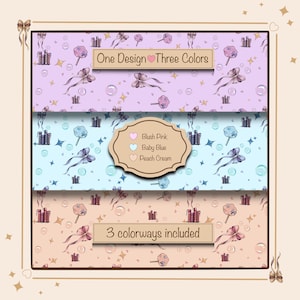 Könnte beinhalten: Ein digitales Muster-Set mit drei horizontalen Feldern in Lavendel, Hellblau und Pfirsichcreme. Das Design enthält Illustrationen von Schleifen, Bücherstapeln, Zuckerwatte und Sternen. Der Text lautet: One Design Three Colors, 3 colorways included.
