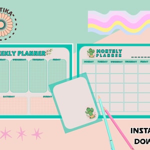 Conjunto de Planificadores Cactus Cute: Set Encantador para Planificación Semanal, Mensual y Bloc de Notas  Imprimible en casa.