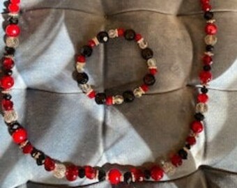 Red Ruby Glass Bead Necklace and Bracelet Set