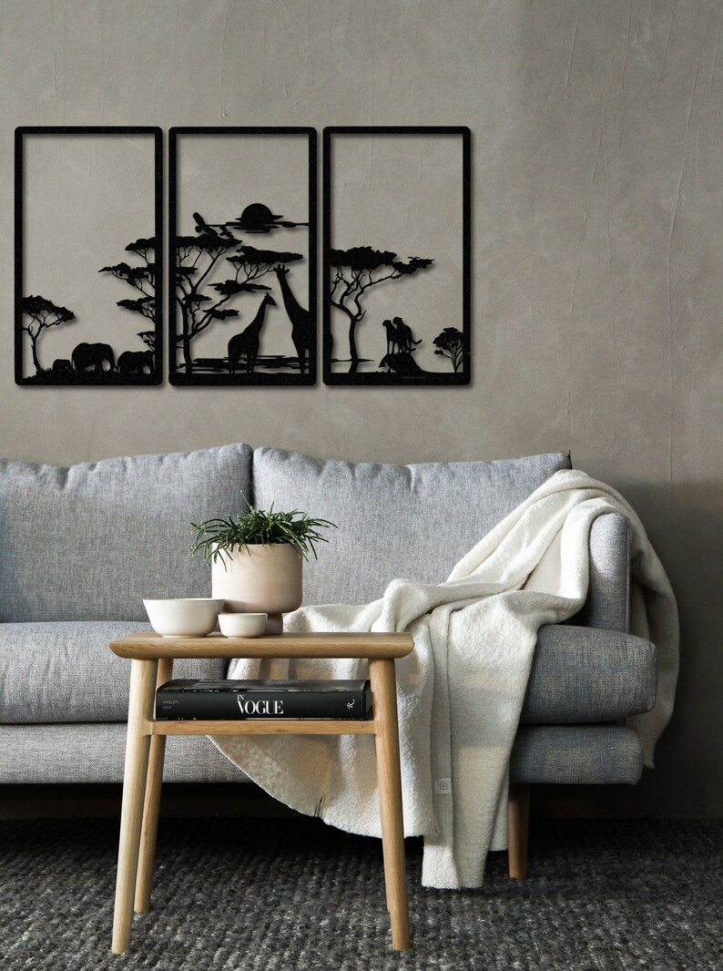 Wild Africa Metal Wall Decor, African Savannah 3 Panels Art, Metal