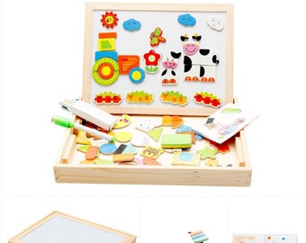 Children's toy wooden magnetic puzzle jigsaw farm puzzle double-sided magnetic drawing board children's educational puzzle(3+)