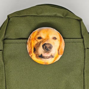 May include: An olive green crossbody bag featuring a circular patch with a realistic, high-resolution photographic print of a golden retriever dog's face. The bag has a textured fabric exterior, a zippered top closure, and a front pocket.