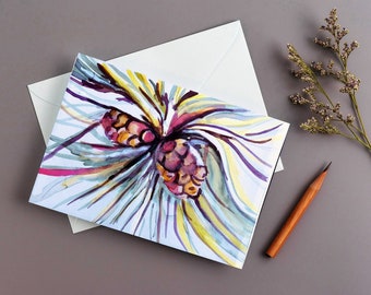 Blank Cards with Envelopes set,  Pine Cone Watercolor Painting, Pine Needle Art, Christmas Gift for Teacher, Secret Santa Gift for Her