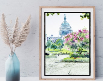 Watercolor Painting, Washington DC Art, Flowering Pink Myrtle Art, Washington DC Gifts, Christmas Gift for Teacher, Grandparent Gift