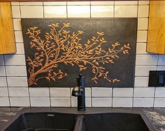 Tree Branches With Leaves Copper Wall Decor, Indoor Outdoor Wall Decoration, Custom Copper Kitchen Backsplash Tile, Unique Fireplace Decor