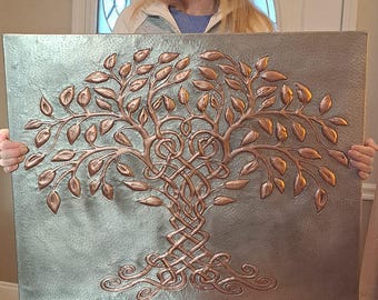 Hand-Hammered Copper Tree of Life Backsplash, Celtic Knot Kitchen Wall Decor