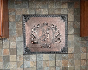 Letter Monogram and Celtic Border, Indoor & Outdoor Wreath Alphabet Wall Decor, Bespoke Kitchen Backsplash, Custom Copper Art