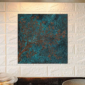 Handcrafted Copper Tree Branches Kitchen Backsplash - Blue Patina (15.7&quot;x15.7&quot;)
