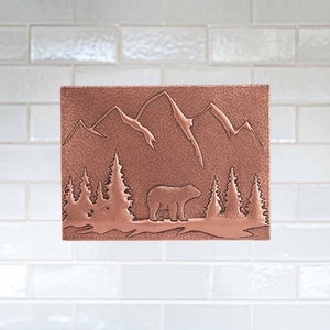 Handcrafted Copper Backsplash Tile: Bear and Forest Scene (11.8&quot;x15.9&quot;)