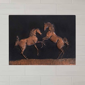 Copper Backsplash - 11.8&quot;x15.7&quot; (30.2x40.2 cm), Rearing Horses Kitchen Backsplash, Copper Tile for Kitchen, Handmade Copper Wall Panel