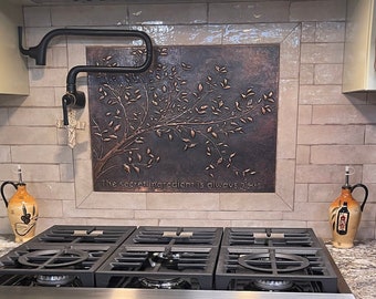 Tree Branches with Leaves Copper Backsplash Artwork,  Aged Copper Tree Branches, Copper Kitchen Backsplash, Handmade Metal Wall Panel