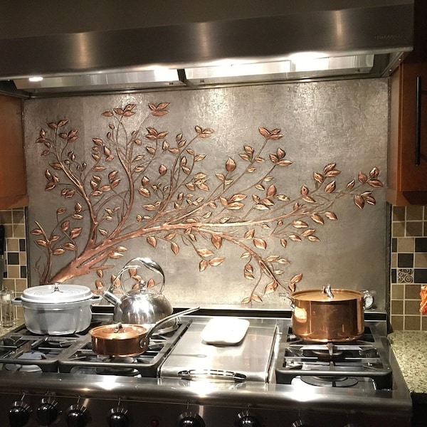Azulejo para salpicadero de rama de árbol de cobre hecho a mano: Arte de pared para cocina