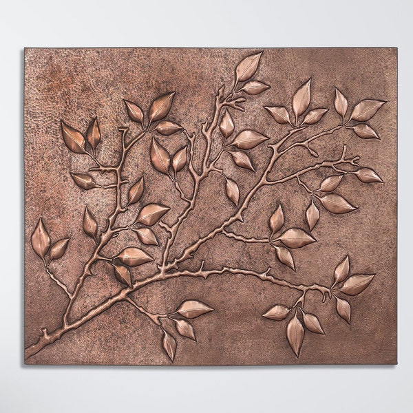 Tree Branches With Leaves Large Rectangular Copper Wall Art, Tree Branches Copper Kitchen Backsplash Tile Mural, Handmade Copper Artwork