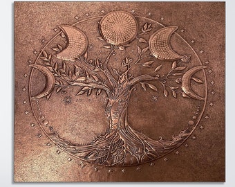 Tree with Moon Phases Relief Sculpture, Metal Wall Decor Tile, Tree of Life Wall Art, Phases of The Moon Artwork, Handmade Copper Wall Panel