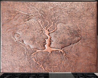 Abstract Wall Art Couple Tree, Hand-Hammered Copper Tile For Indoor and Outdoor Wall Decoration, Copper Backsplash, Valentines Day Gift,