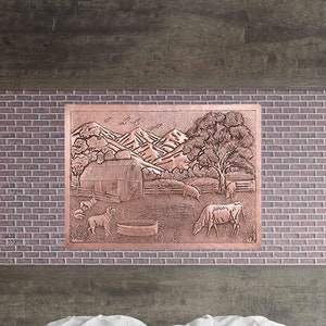 Copper Handmade Wall Tile - 22.1&quot;x30&quot; (56.3x76.5 cm), Farmhouse Scene Copper Wall Decor, Handmade Copper Tile, Nature Scene Artisan Tile