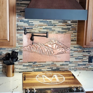 Handmade Copper Sunrise Mountain Wall Art: Pine Tree Metal Sculpture