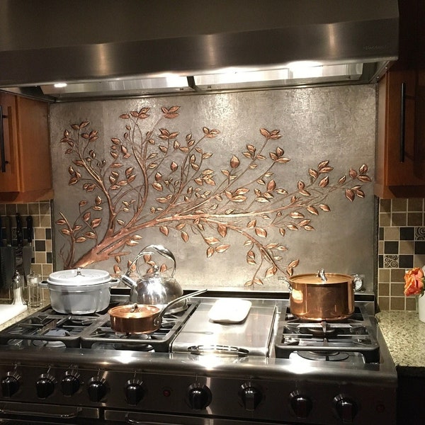 Tree Branches with Leaves Wall Art, Tree Branches Copper Relief Art, Tree Branches with Leaves Mural Tile, Custom Copper Kitchen Backsplash