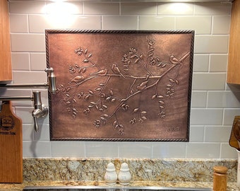 Birds on Tree Branches Wall Art, Handmade Copper Tile for Fireplace, Kitchen Backsplash, Indoor & Outdoor Wall Decor Tile