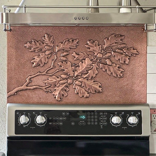 Backsplash for Stove Behind - Oak Tree Branches with Acorns Copper Panel
