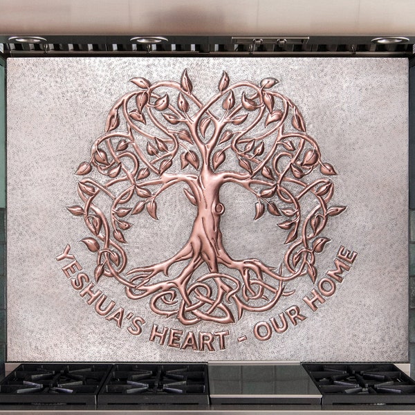 Sacred Tree with Celtic Roots, Tree of Life Copper Mural Tile, Indoor & Outdoor Wall Decor, Hand-hammered Kitchen Backsplash, Relief Art