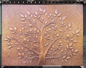 Handmade Tree of Life with Leaves Copper Tile for Kitchen Backsplash, Indoor & Outdoor Wall Decor, Wall Art, Self-adhesive Tile