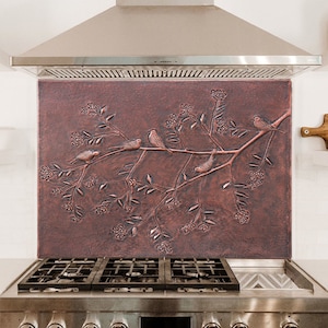 Handmade Copper Kitchen Backsplash Tile: Birds on Branches Wall Decor