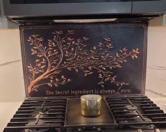 Tree Branches With Leaves With Ornamental Border Copper Wall Art, Tree Branches Copper Relief Art, Tree Branches Mural, Kitchen Backsplash