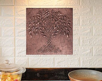 Copper Kitchen Backsplash - 11.9"x11.9", Tree of Life Copper Kitchen Splashback, Metal Tile for Backsplash, Handmade Copper Tile for Kitchen