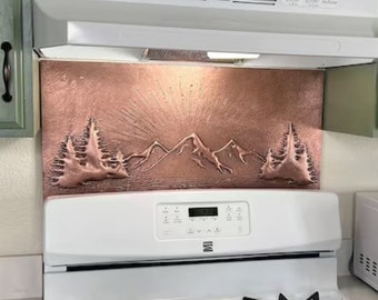 Hand Hammered Copper Mountain Sunrise Wall Art - Kitchen Backsplash