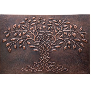 Handmade Copper Tree of Life Tile: Brown Patina Celtic Art