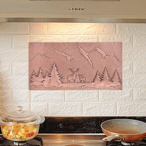 Deer Scene Copper Kitchen Backsplash Tile: Art Deco Mountain Landscape (15&quot; x 29.5&quot;)
