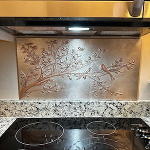 Handmade Copper Tile Art: Birds on Tree Branch Backsplash