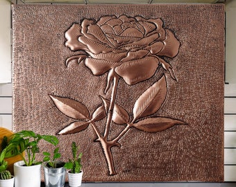 Rose Tile Copper Wall Art, Rose Flower Handmade Artwork, Floral Home Decor, Single Rose Kitchen Backsplash Tile, Hand-Hammered Copper Art